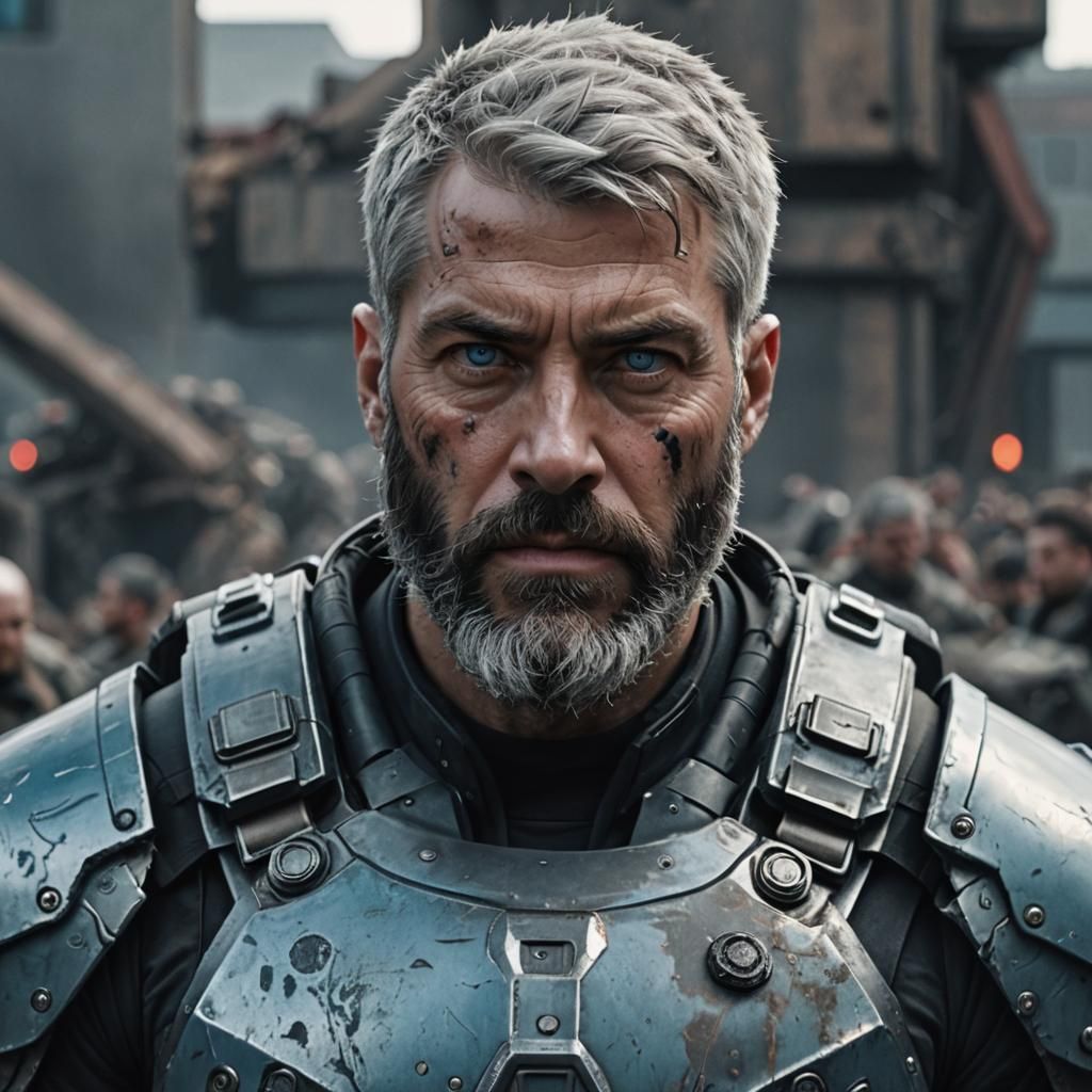 Mercenary in Dystopian War Zone: Cinematic Film Still