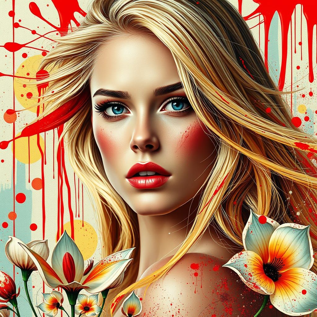 Surrealist Portrait of a Blonde Woman in a Vibrant Dreamscap...