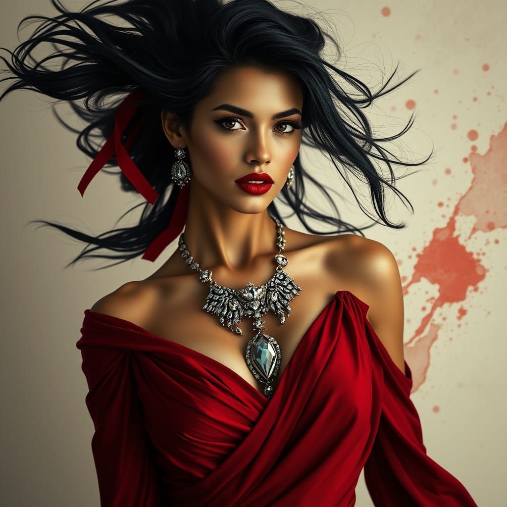 Elegant Dark-Haired Latina in Dramatic Red Gown