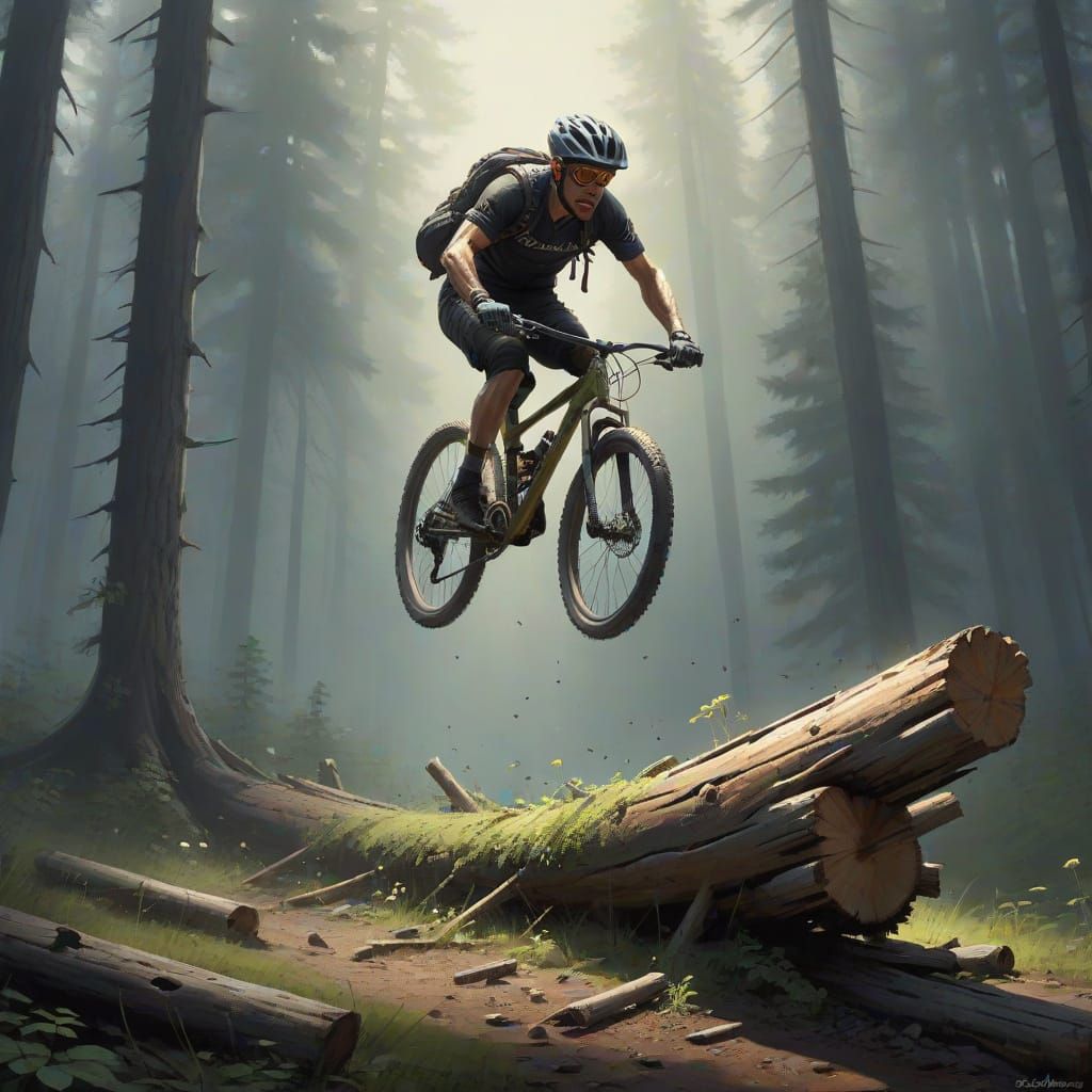Cyclist Leaps Over a Dark Forest Log in a Daring Jump