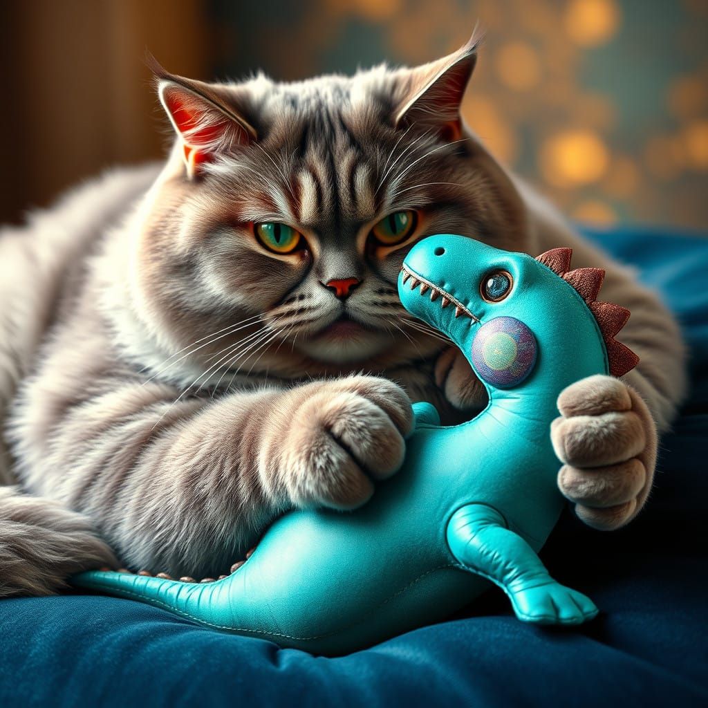 Regal Feline Enjoys Whimsical Dinosaur Playtime
