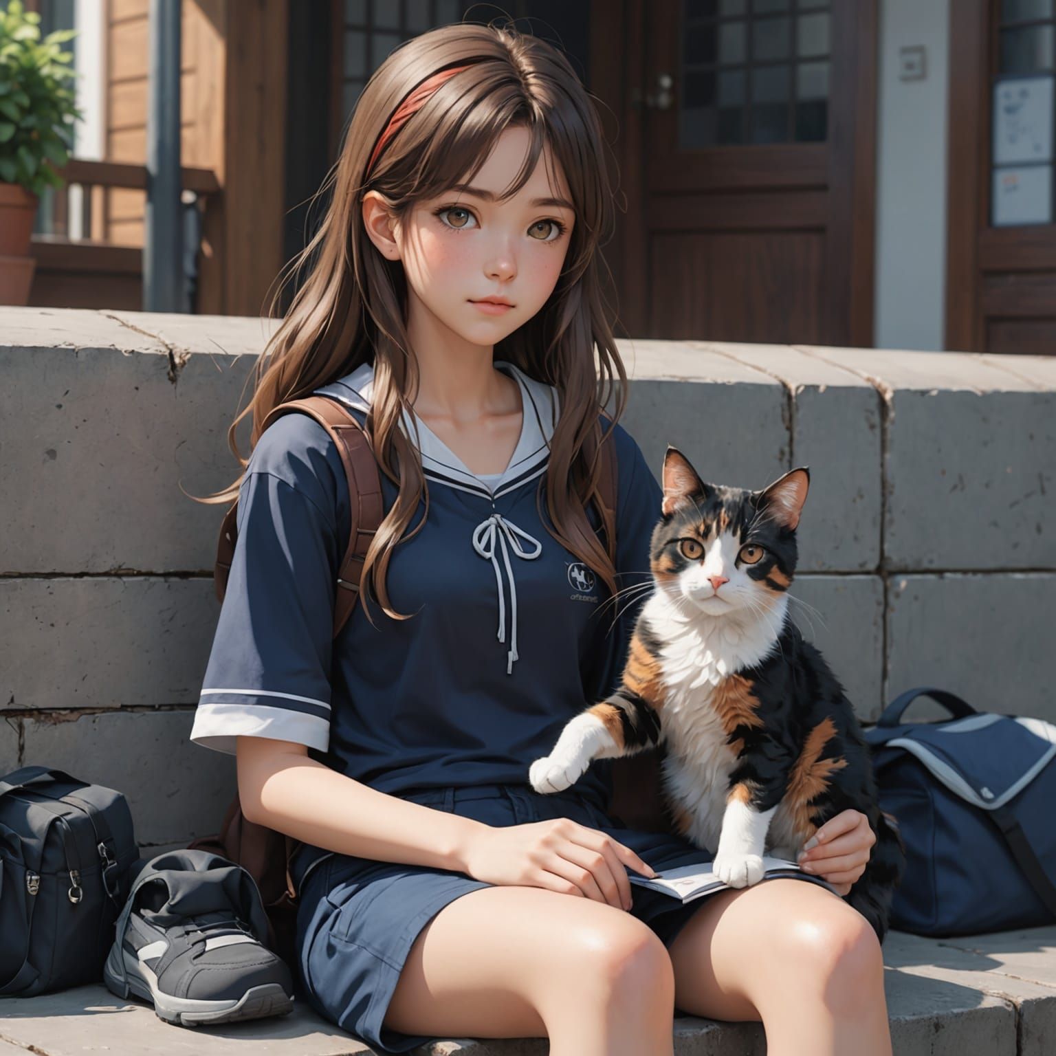 Girl with Calico Cat: 3D Anime Art