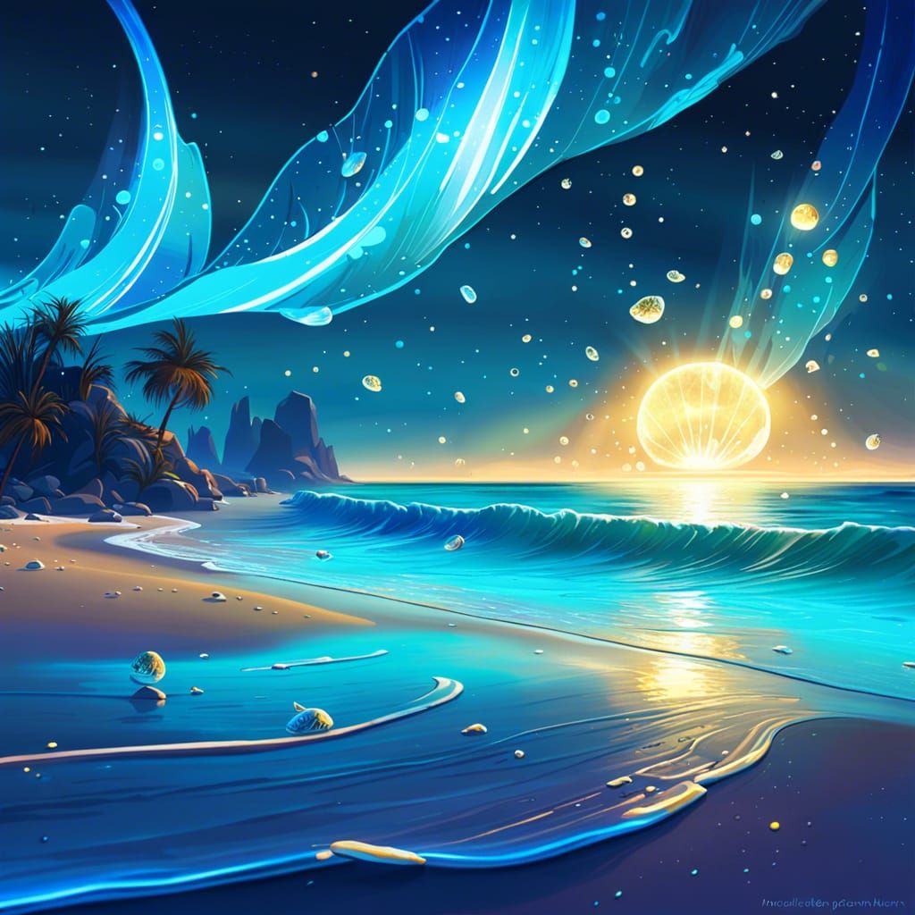 Bioluminescent Beach at Moonlight: Digital Art