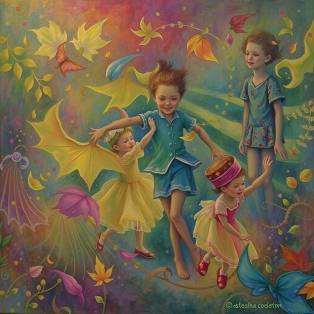 Whimsical Children Dancing in Surreal Folk Art Style