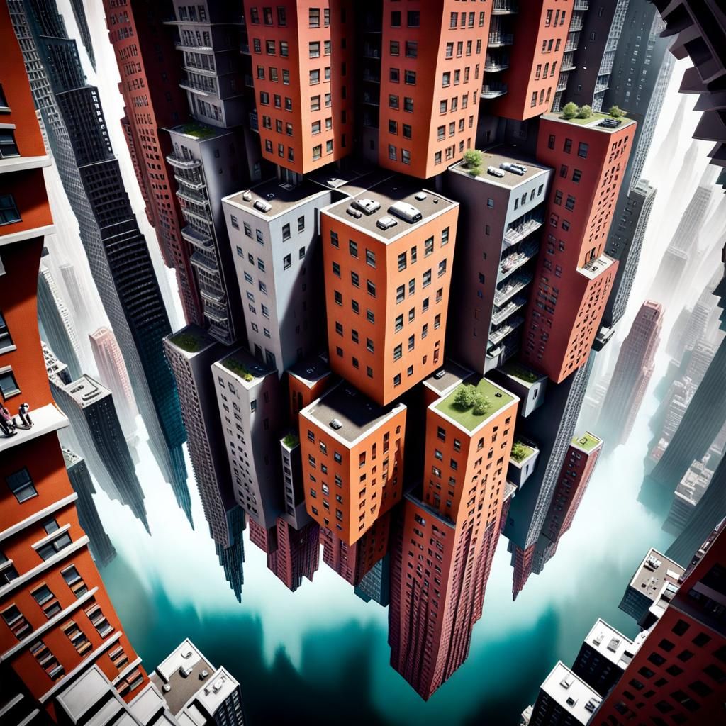 Surreal Upside Down Cityscape in Metallic Steel