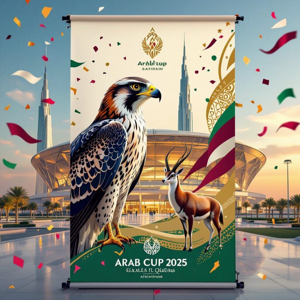Arab Cup 2025 Poster with Falcon and Lusail Landmarks