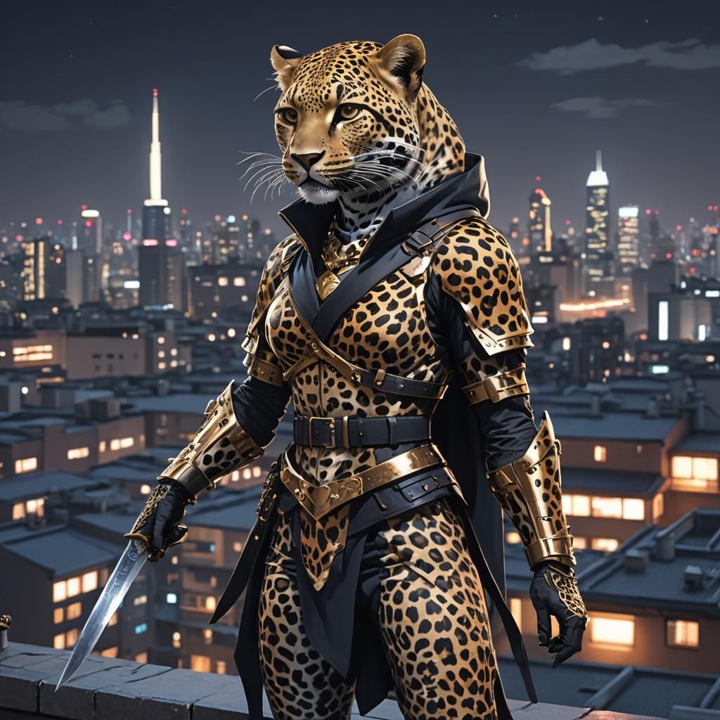 Leopard-Humanoid on Rooftop: 3D Anime Art