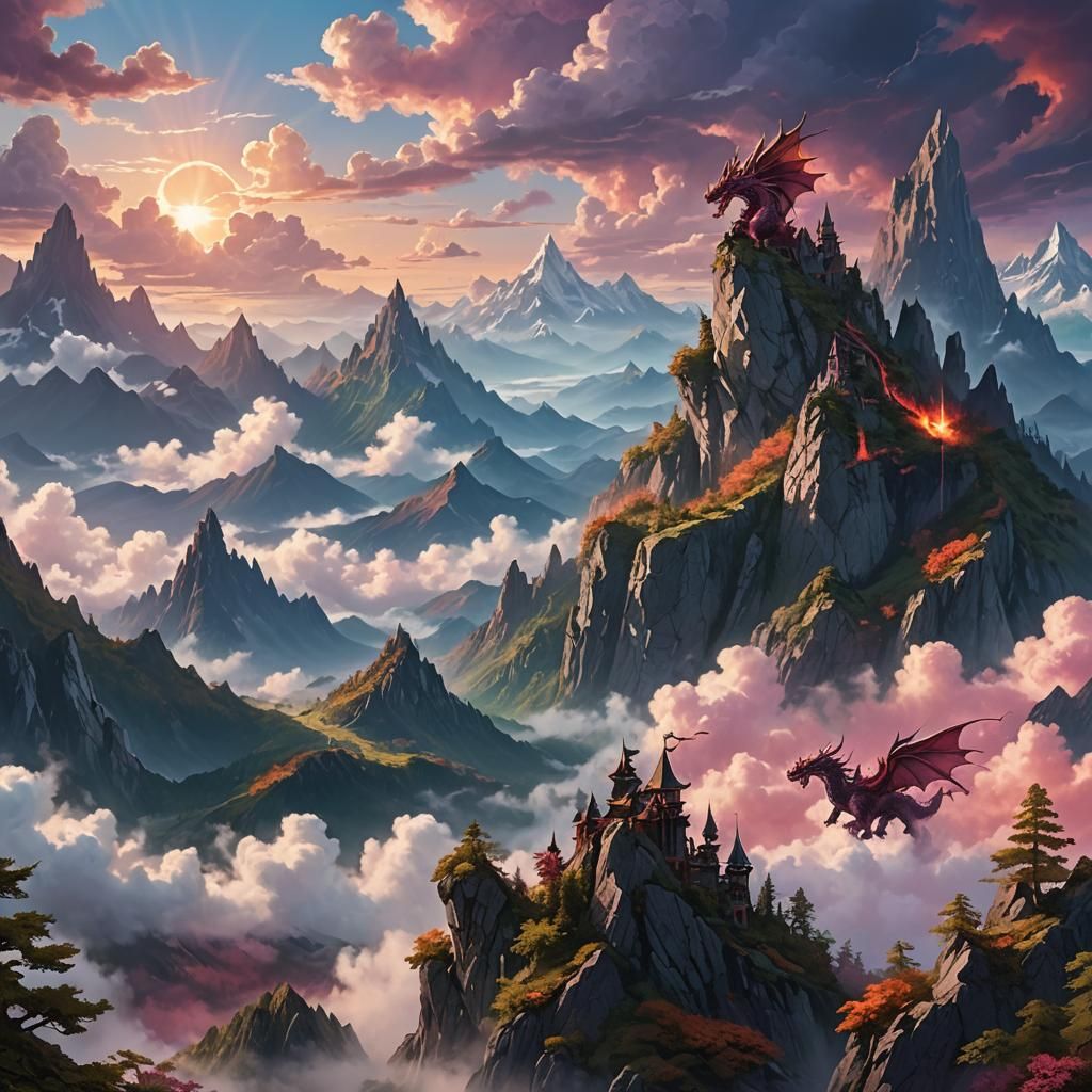 Majestic Dragon Peaks Through Mountain Cloudscape