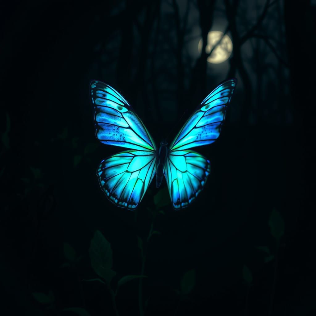 Glowing Butterfly in Dark, Photorealistic Nature Photo