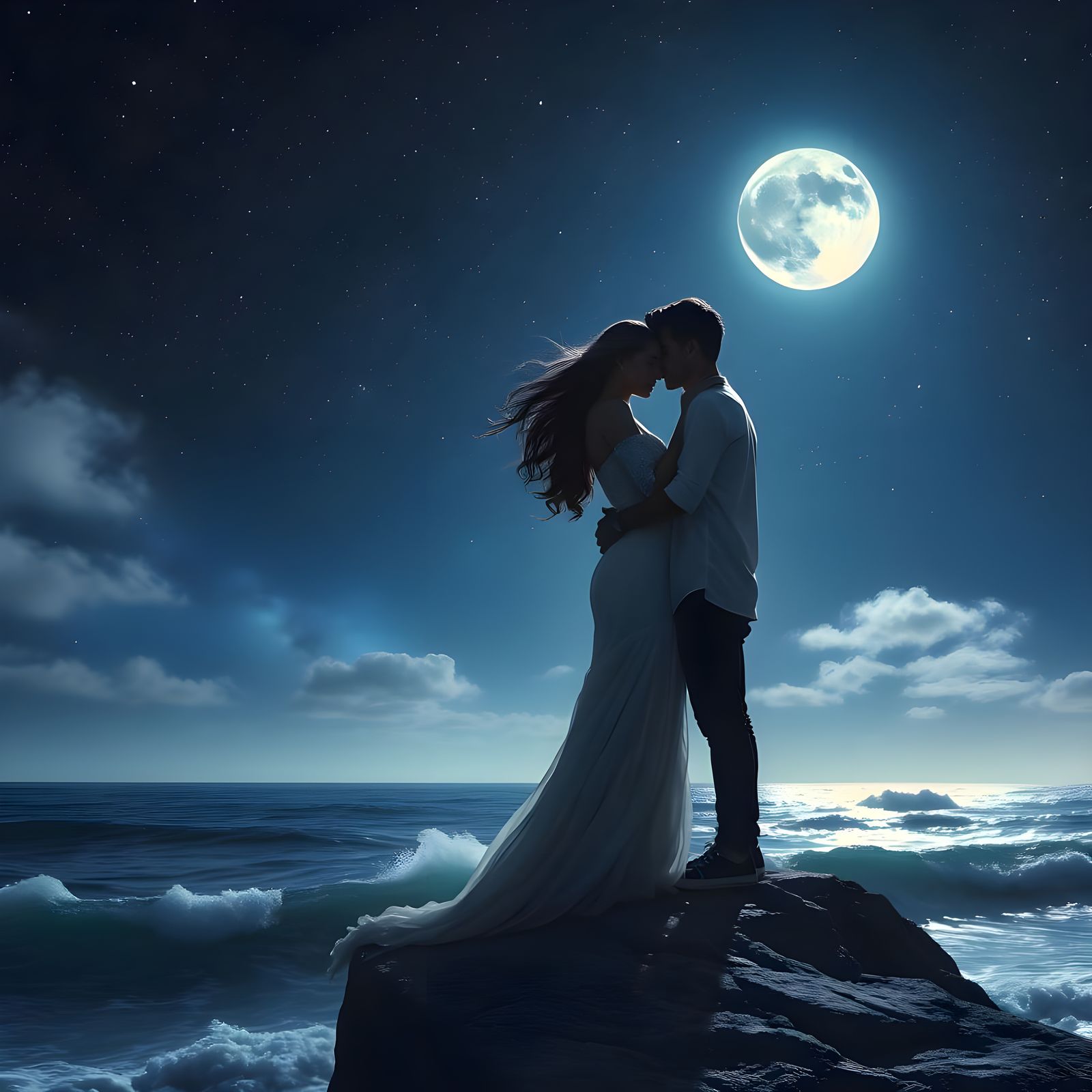 Cosmic Siren and Lover's Embrace Under Moonlight