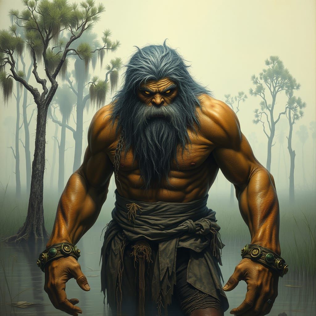 Wild Man in Louisiana Marsh, Dark Fantasy Art