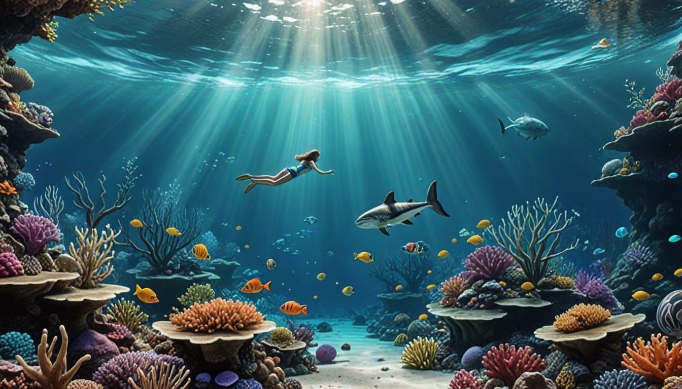 Magical Underwater Scene with Coral, Animals, and Swimmers