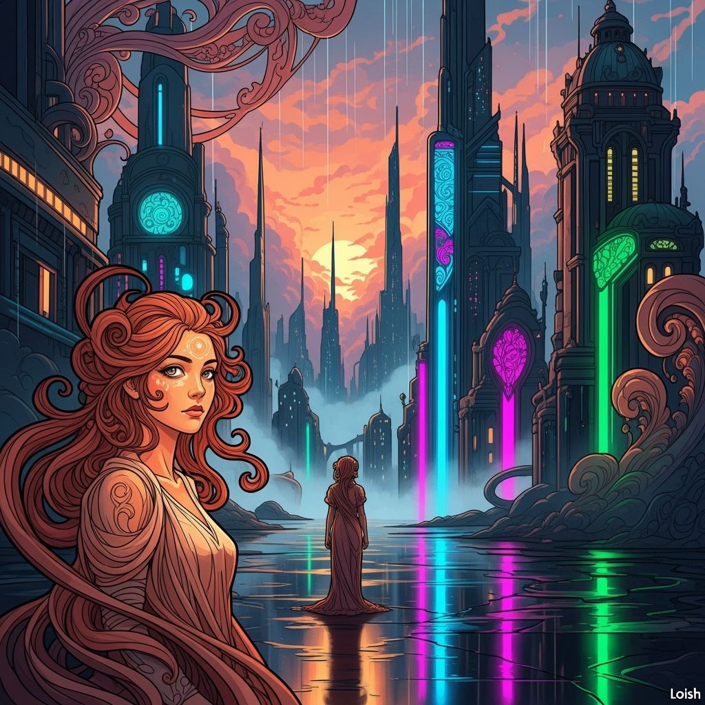 Introspective Woman in Art Nouveau Landscape