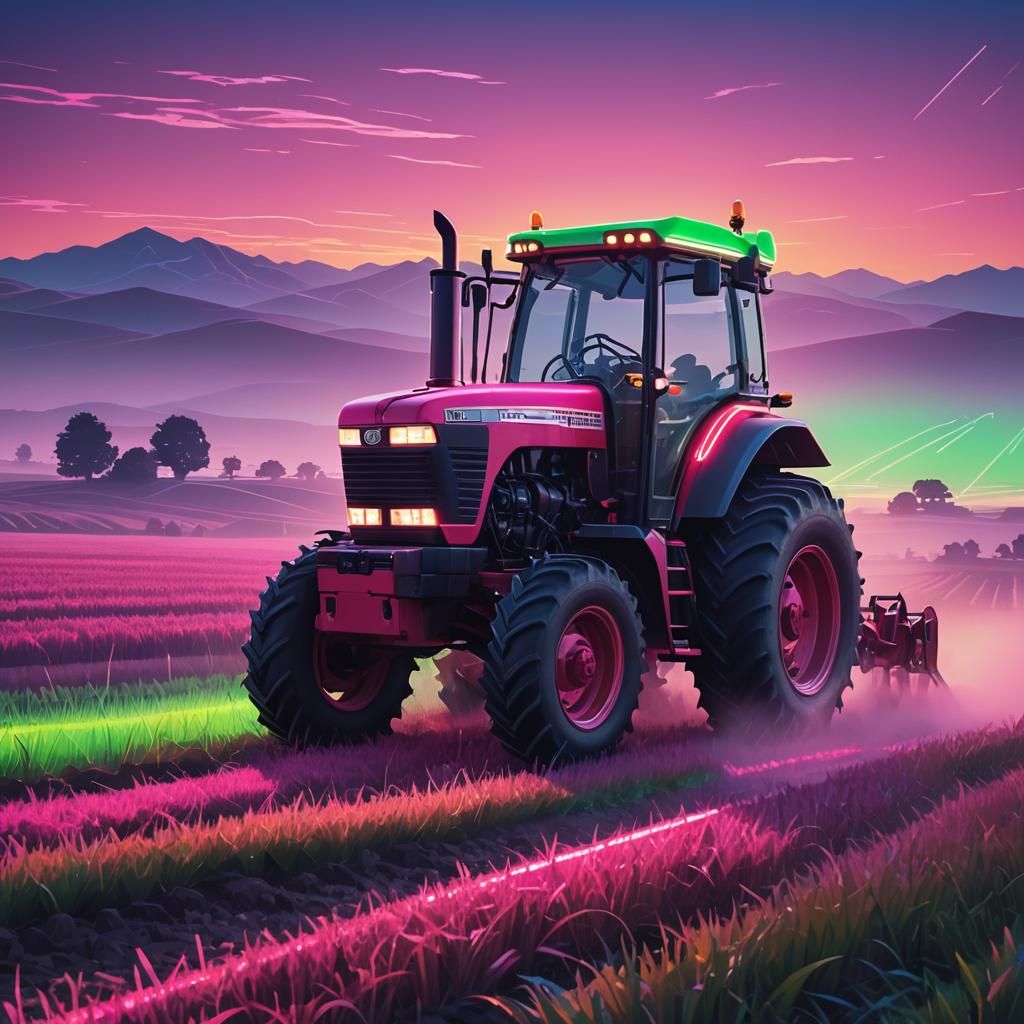 Neon Tractor in Retro Synthwave Landscape