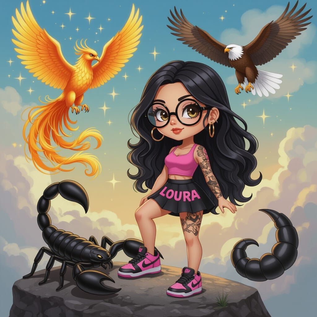Chibi Woman with Phoenix and Eagle, Digital Art