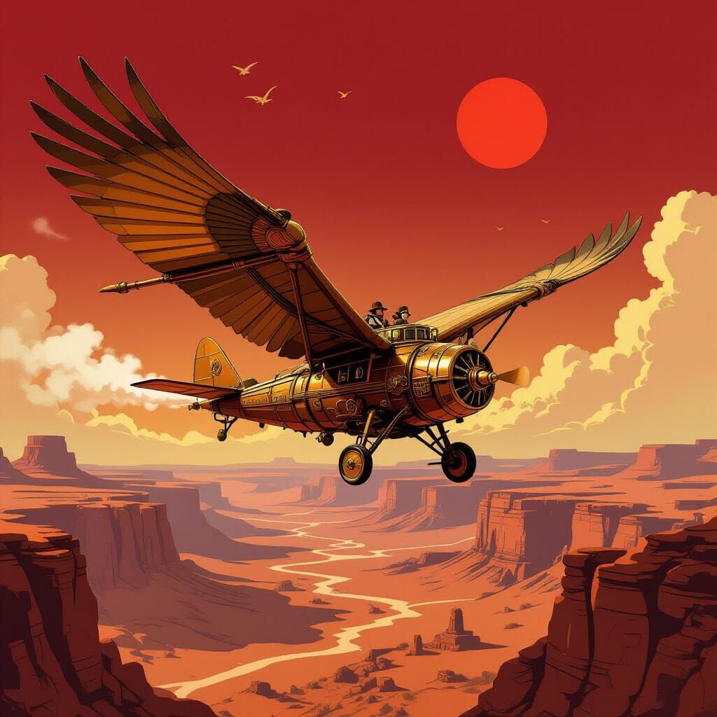 Steampunk Ornithopter Soaring Over Desert Canyon