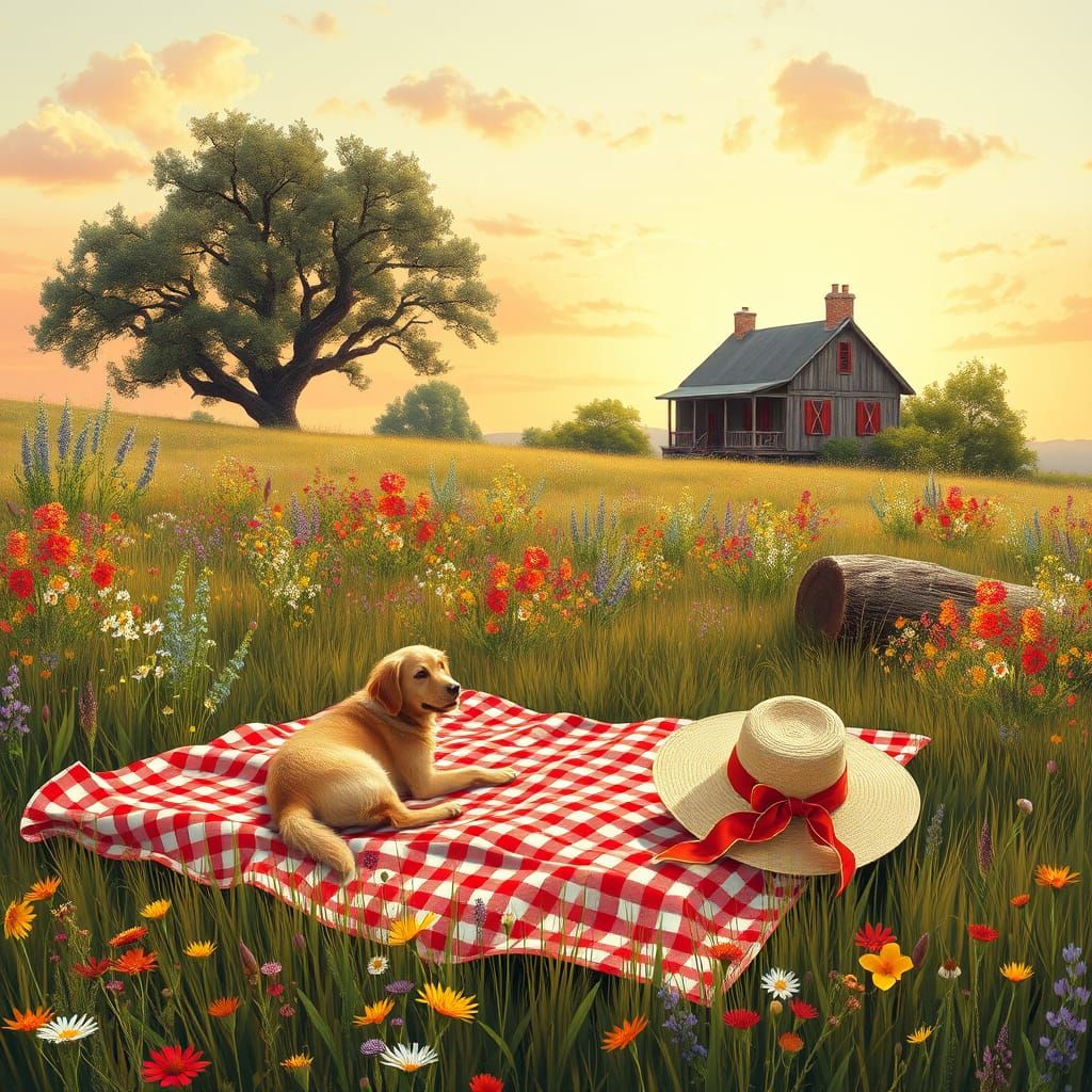 Sun-Kissed Meadow Scene in Impressionist Style