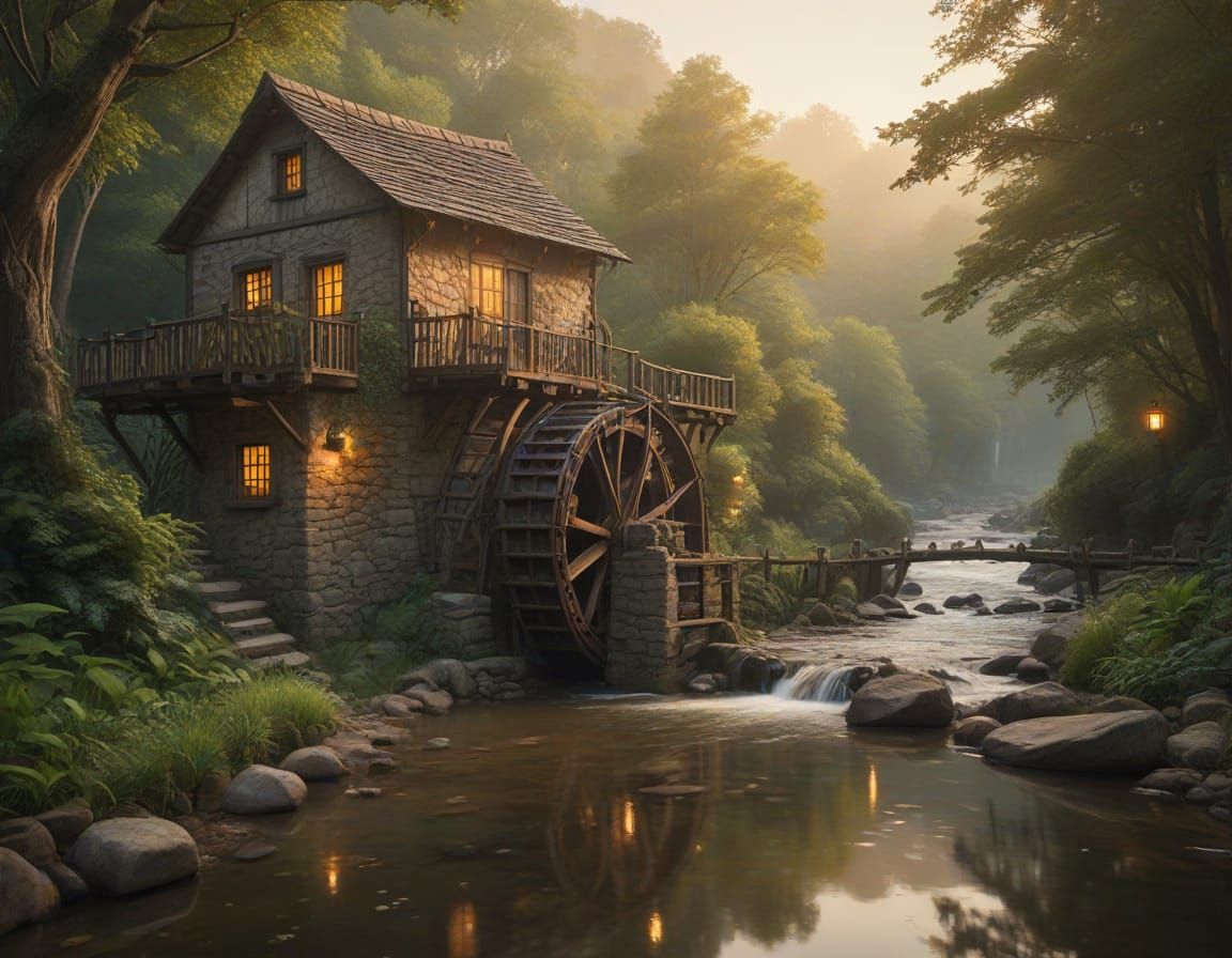 Mystical Water Mill in a Peaceful River Landscape, in Studio...