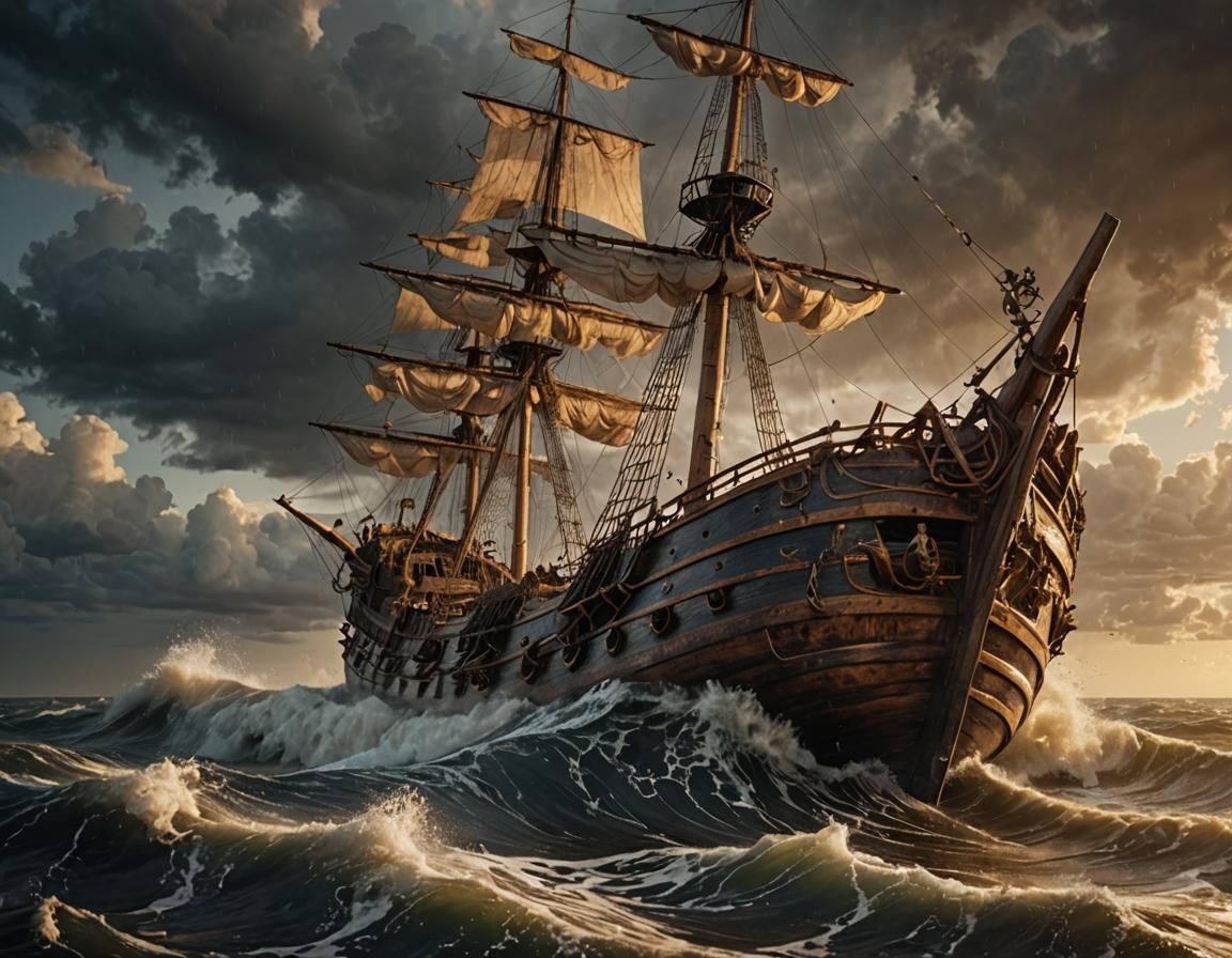 Galleon Capsizes in Turbulent Stormy Sea