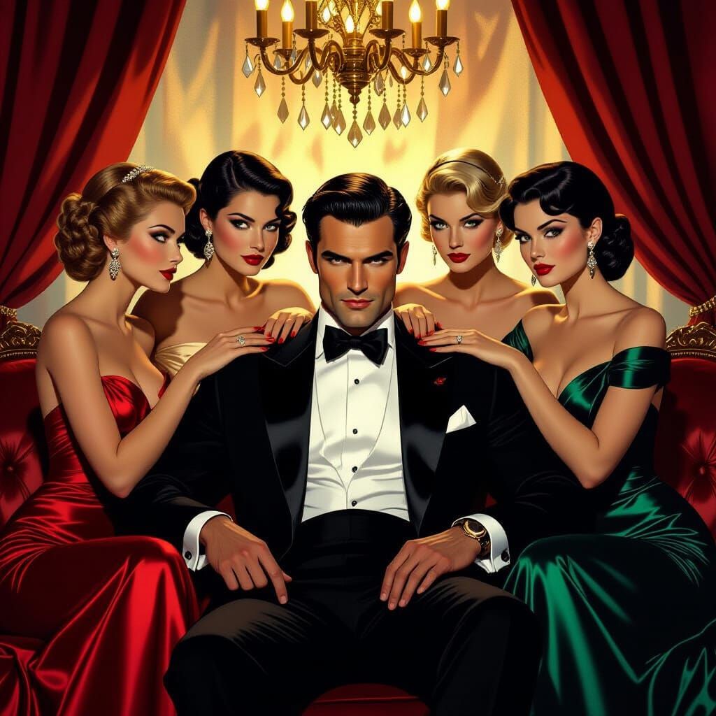 Mid-Century Glamour: Mysterious Man with Lantern Girls