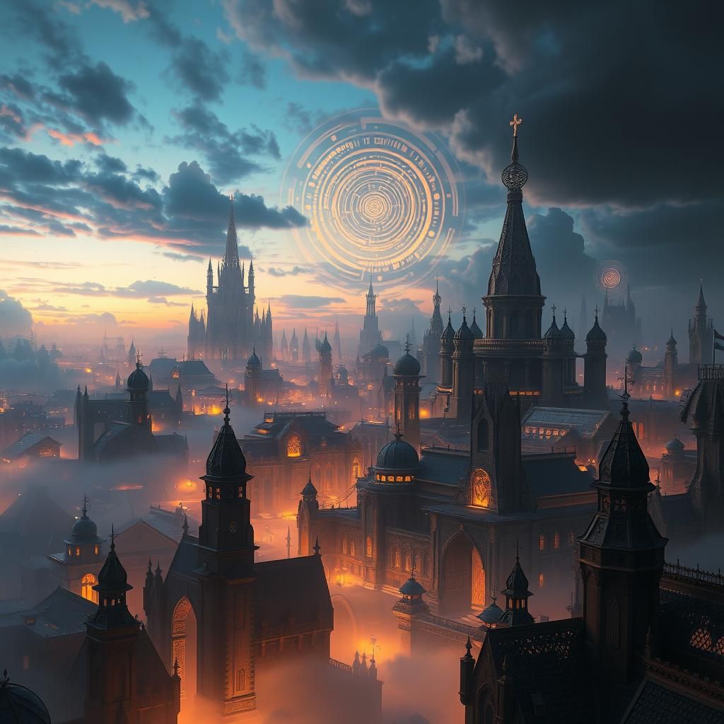 Mystical Cityscape at Dusk in Dreamlike Matte Painting Style