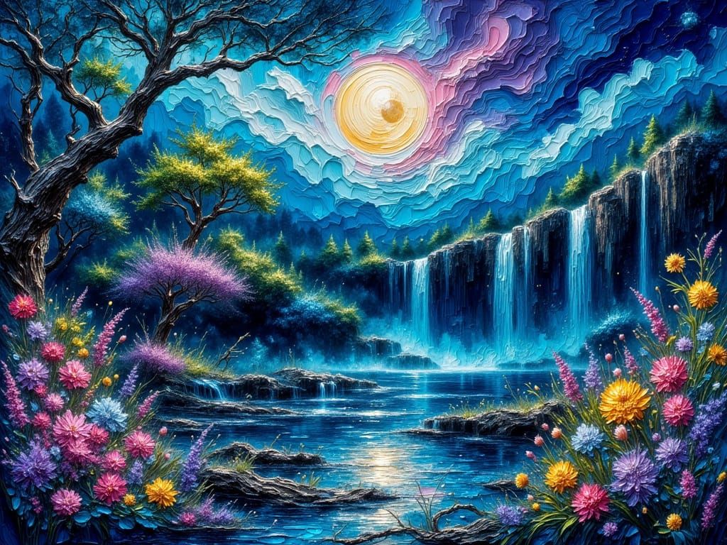Dramatic Impasto Painting of Moonlit Lake with Cascading Wat...