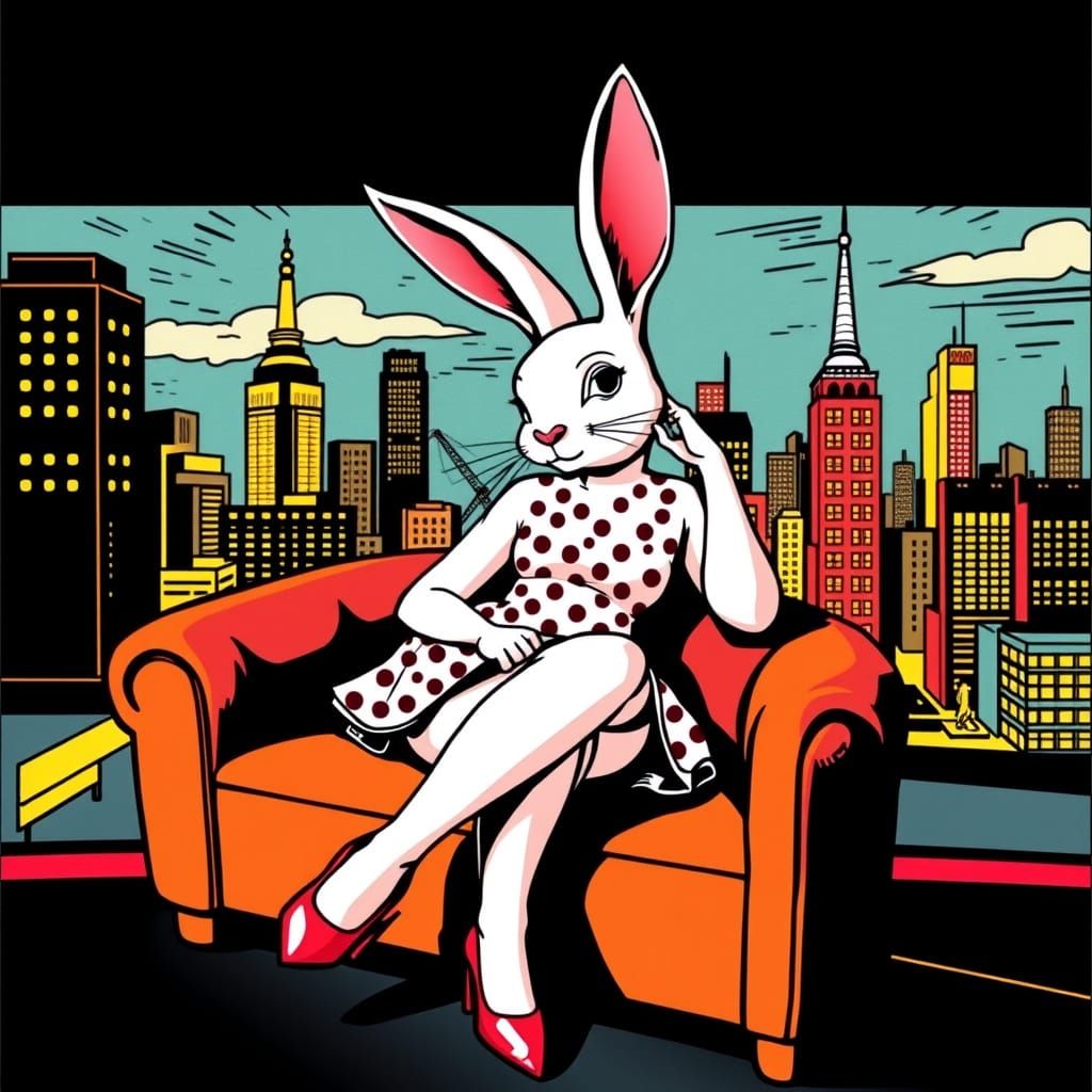 Pop Art Pin-Up Bunny in Comic Cityscape