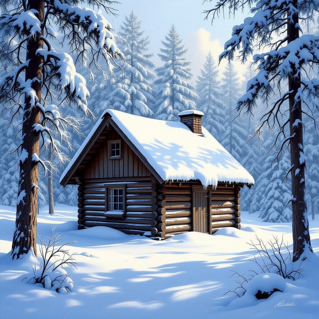 Realistic Winter Log Shed in Snow-Covered Forest