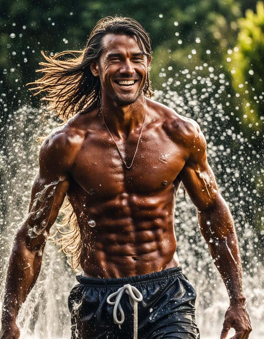 Smiling Man Wets Himself in Garden, Hyperrealistic