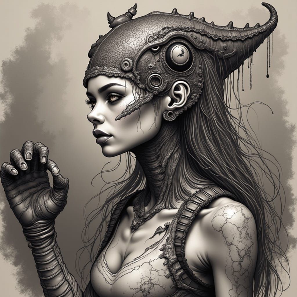 Cyberpunk Velociraptor Girl in Ink and Charcoal Style