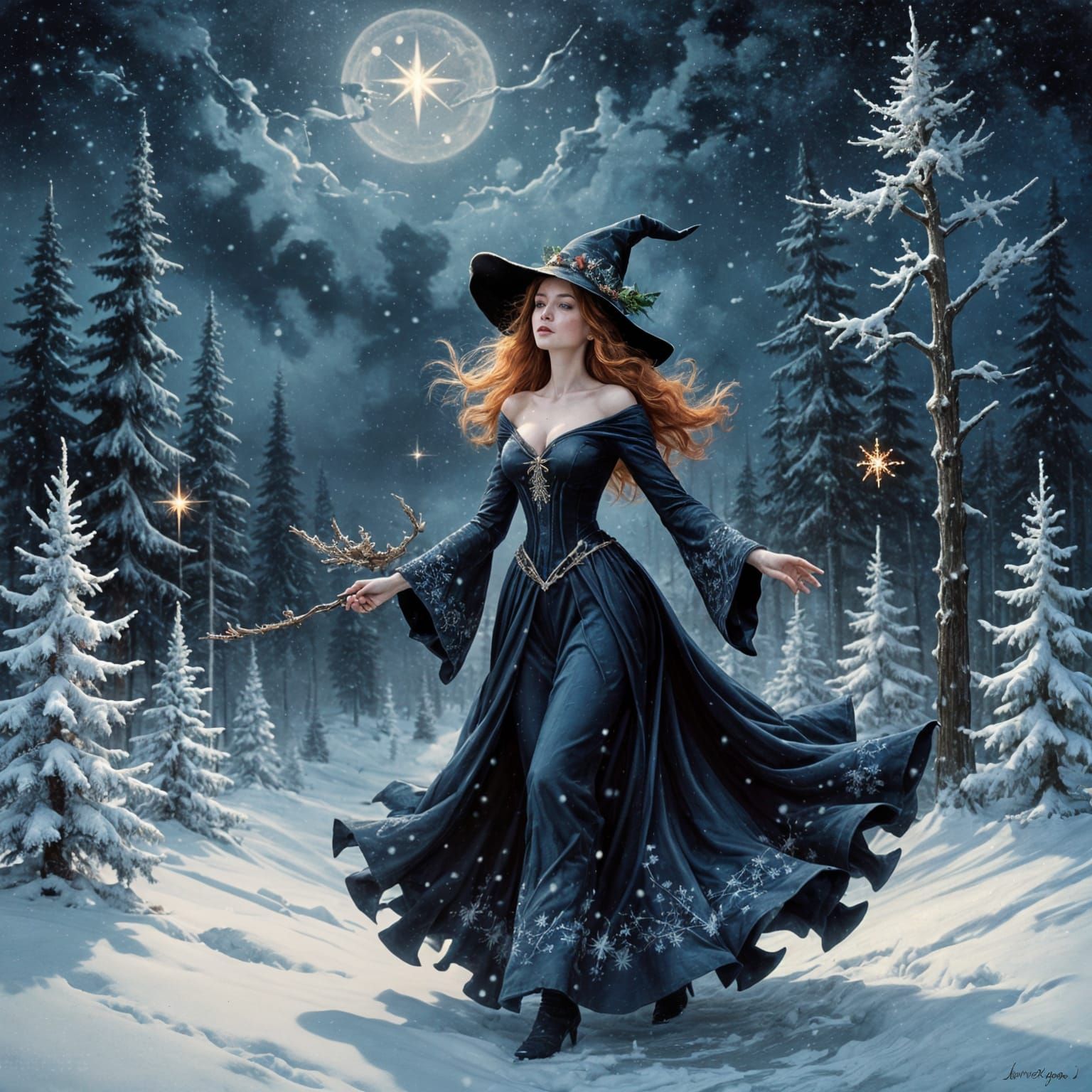 A Grimdark Christmas Witch Soars Through Frosty Landscape