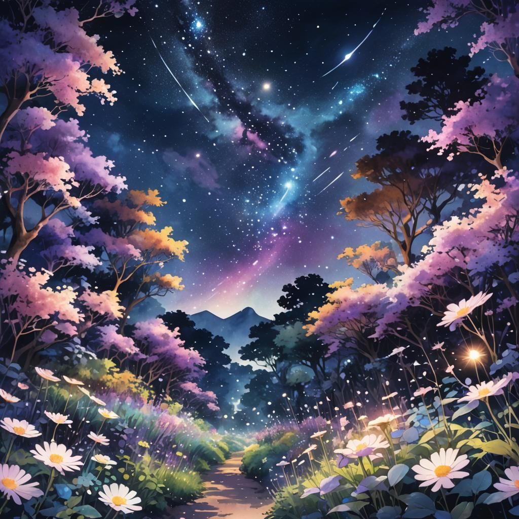 Cosmic Manga Garden in Watercolor Style