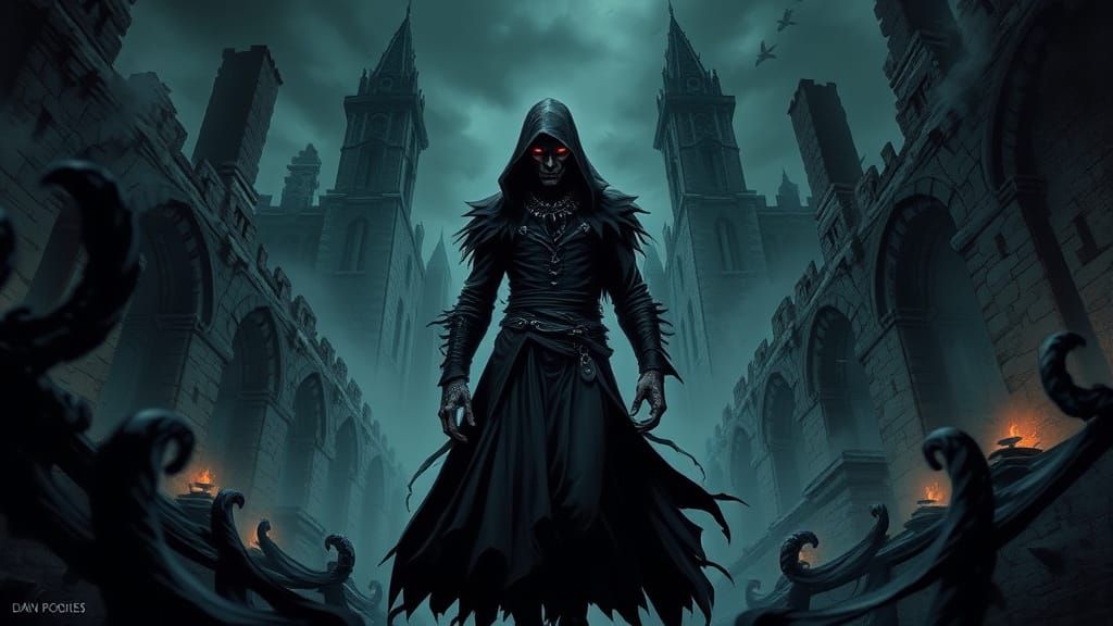 Villainous Figure with Glowing Eyes in Ruined Castle