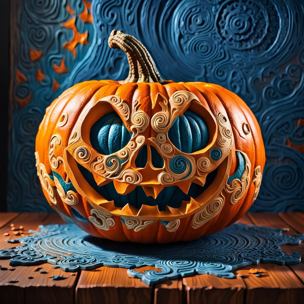 Abstract Expressionist Jack-O-Lantern with Intricate Carving...