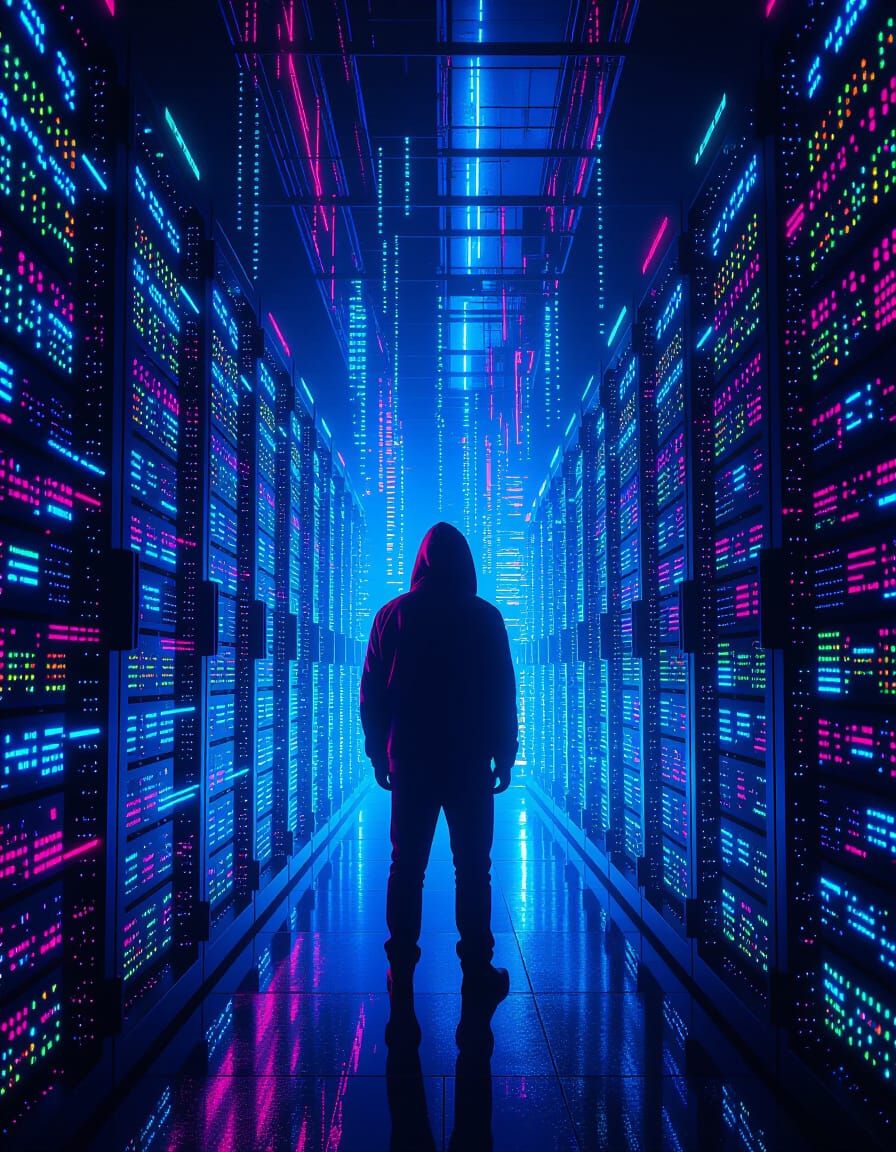 Cyberpunk Hacker in Digital Realm with Neon Server Rack