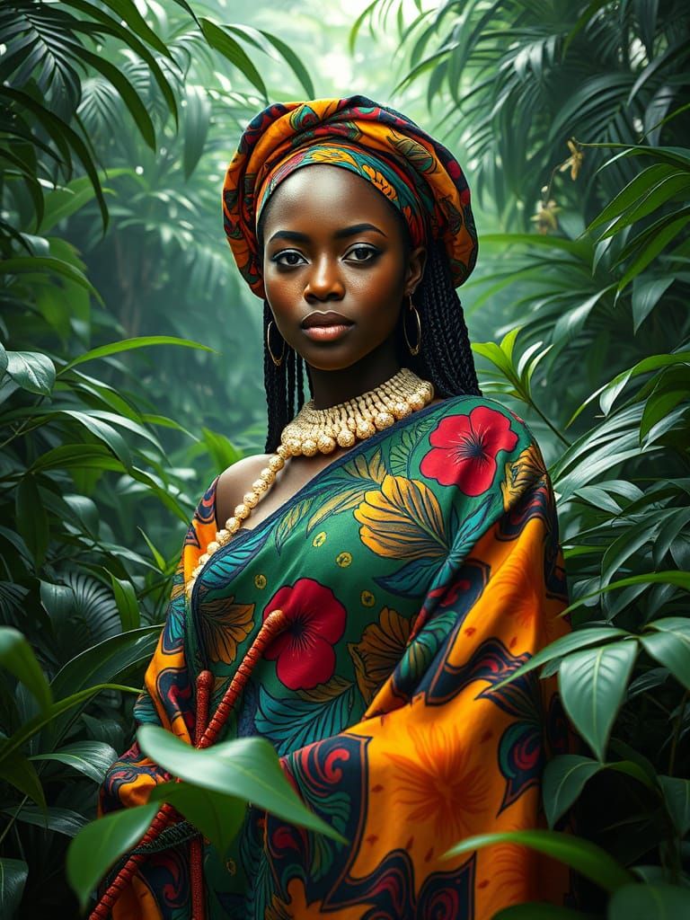 Vibrant Nigerian Woman in Lush Jungle, Digital Art