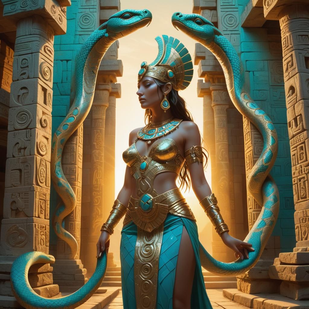 Priestess with Snake Before Aztec Temple in Surreal Style