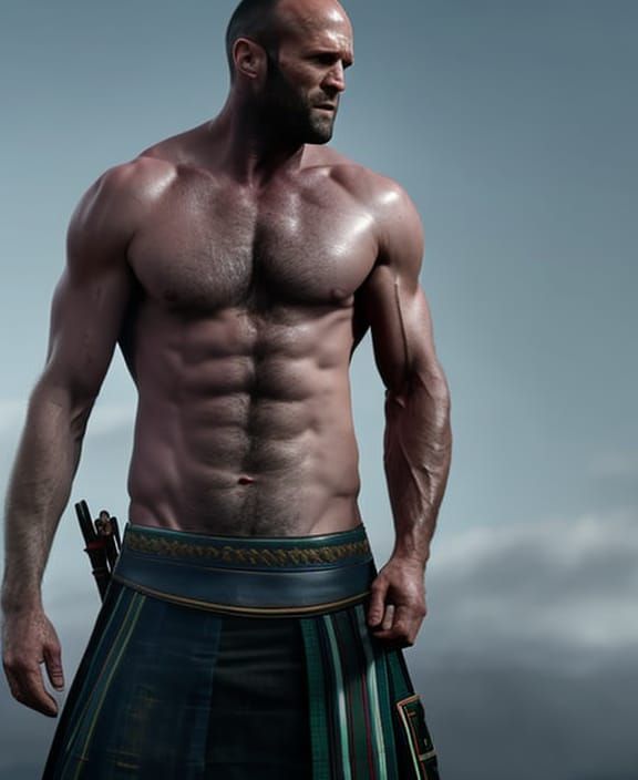 Jason Statham wearing a kilt highly detailed