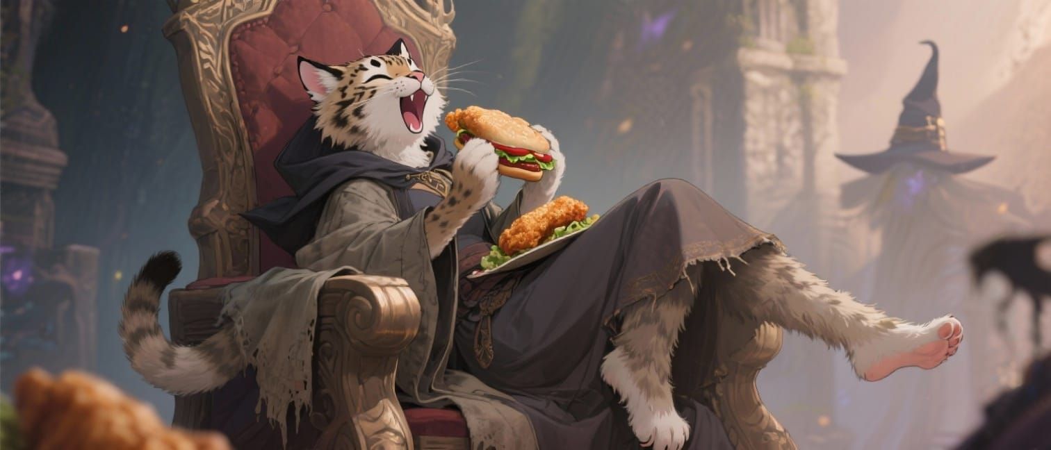 Anthropomorphic Lynx Enjoys Chicken Sandwich, Anime Style