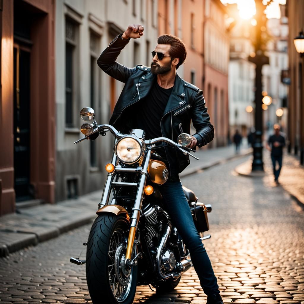 Young Man and Harley Davidson in Golden Hour Light