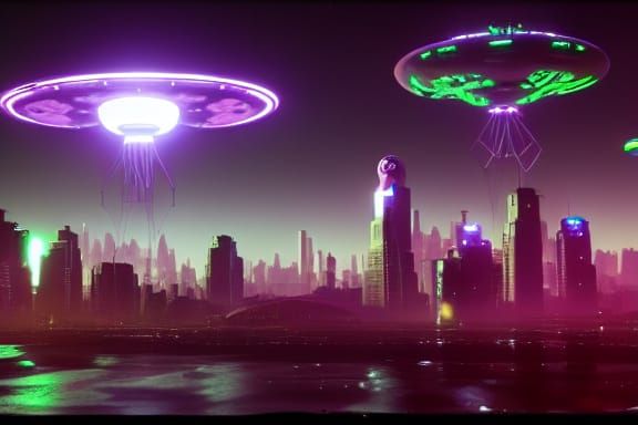 UFO Invasion: Retrofuturistic Cyberpunk City Under Attack