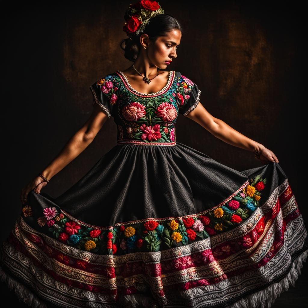 Mexican Dancer in Oaxacan Embroidered Dress