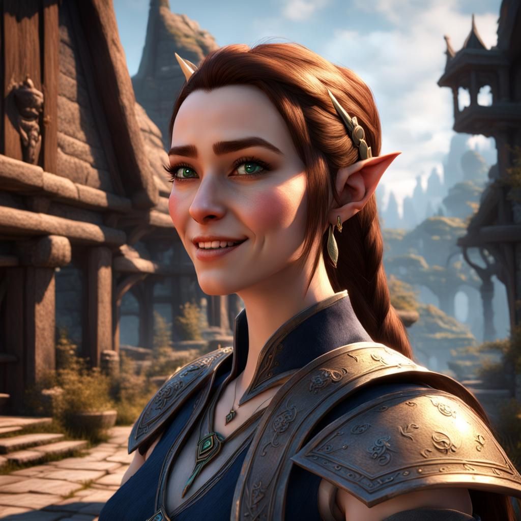 Smiling Half-Elf Portrait in 3D Game Cinematic Style