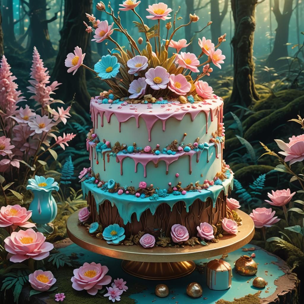 Mystical Forest Cake with Iridescent Sugar Flowers