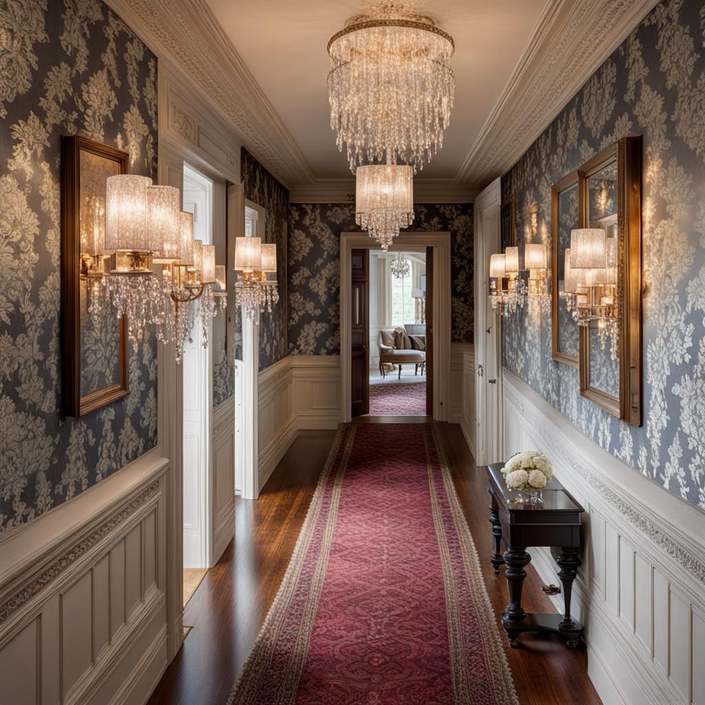 Victorian Mansion Hallway with Crystal Sconces