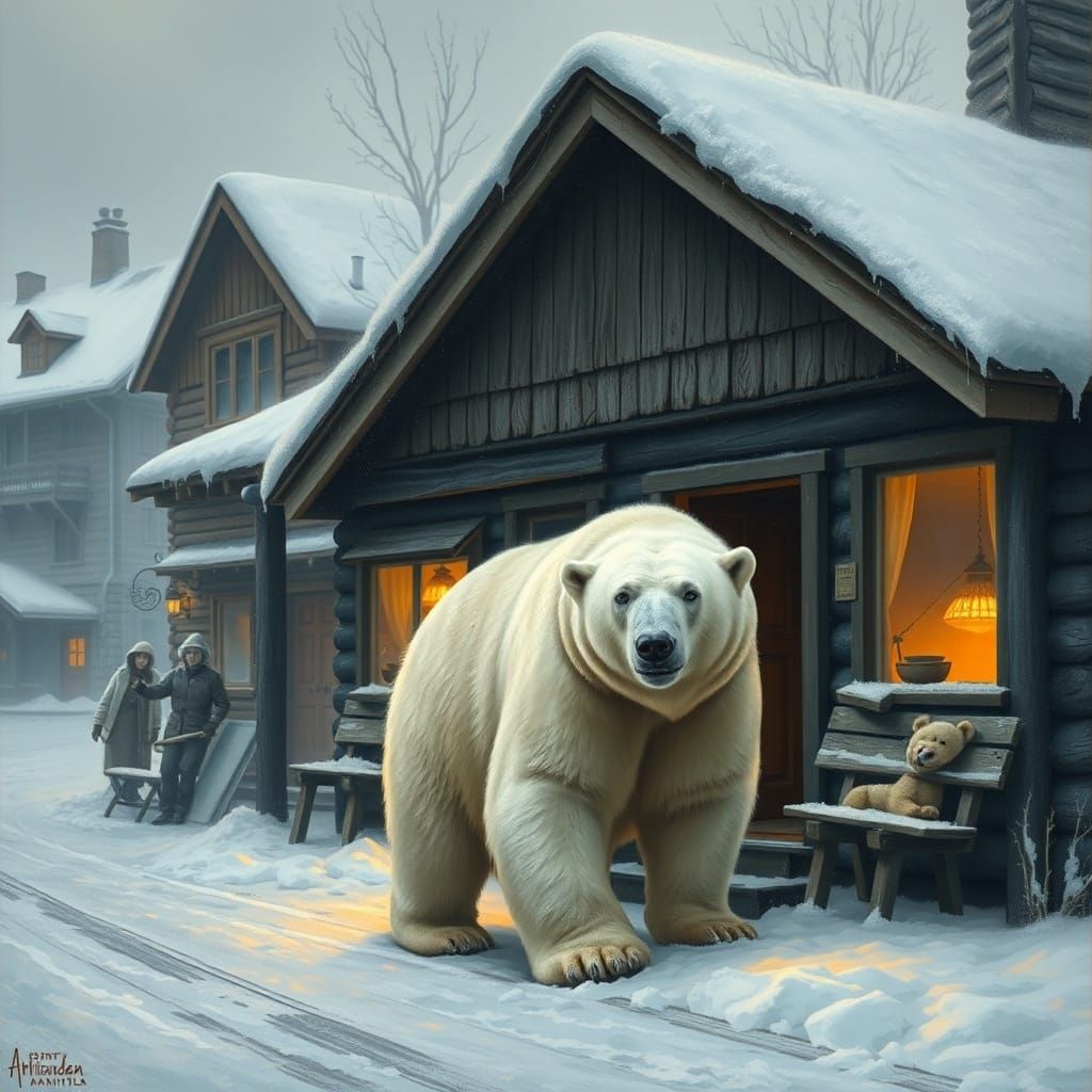 Polar Bear Attempts Cabin Entry in Winter Landscape