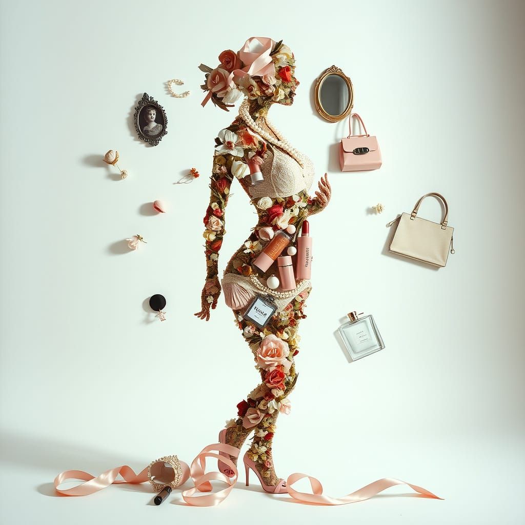 Feminine Silhouette Composed of Objects in Pastel Hues