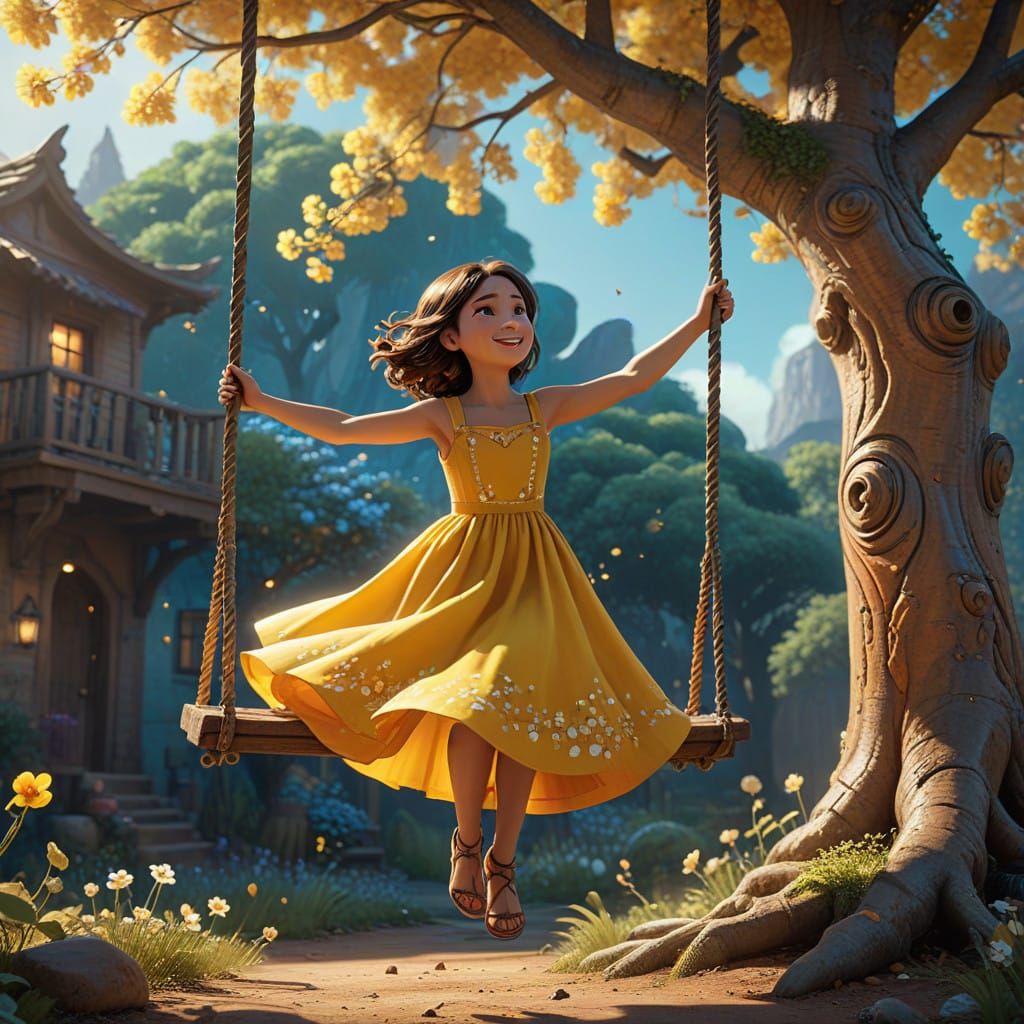 Gentle Girl Sways on Wooden Swing in a Majestic, Twisted Tre...