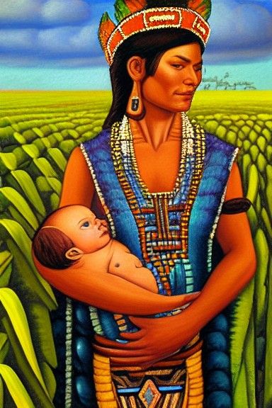 Cihuacoatl with Baby in Cornfield, Rivera Style