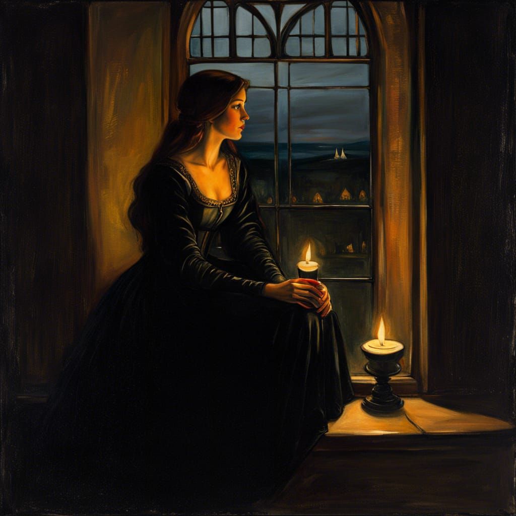 Medieval Maiden at Window in Waterhouse Style